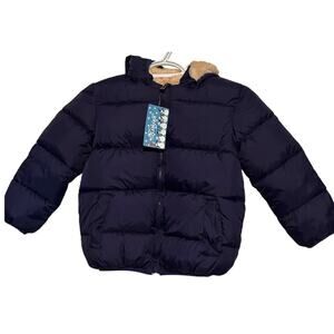 Kimjun Boy's Navy Blue Puffer Jacket Sherpa Inside Removeable Hood Size 120 = 4T